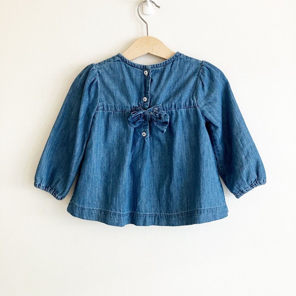 Janie and Jack Chambray Blouse Baby Girl 18-24M Floral Embroidered Long Sleeve - Picture 2 of 7